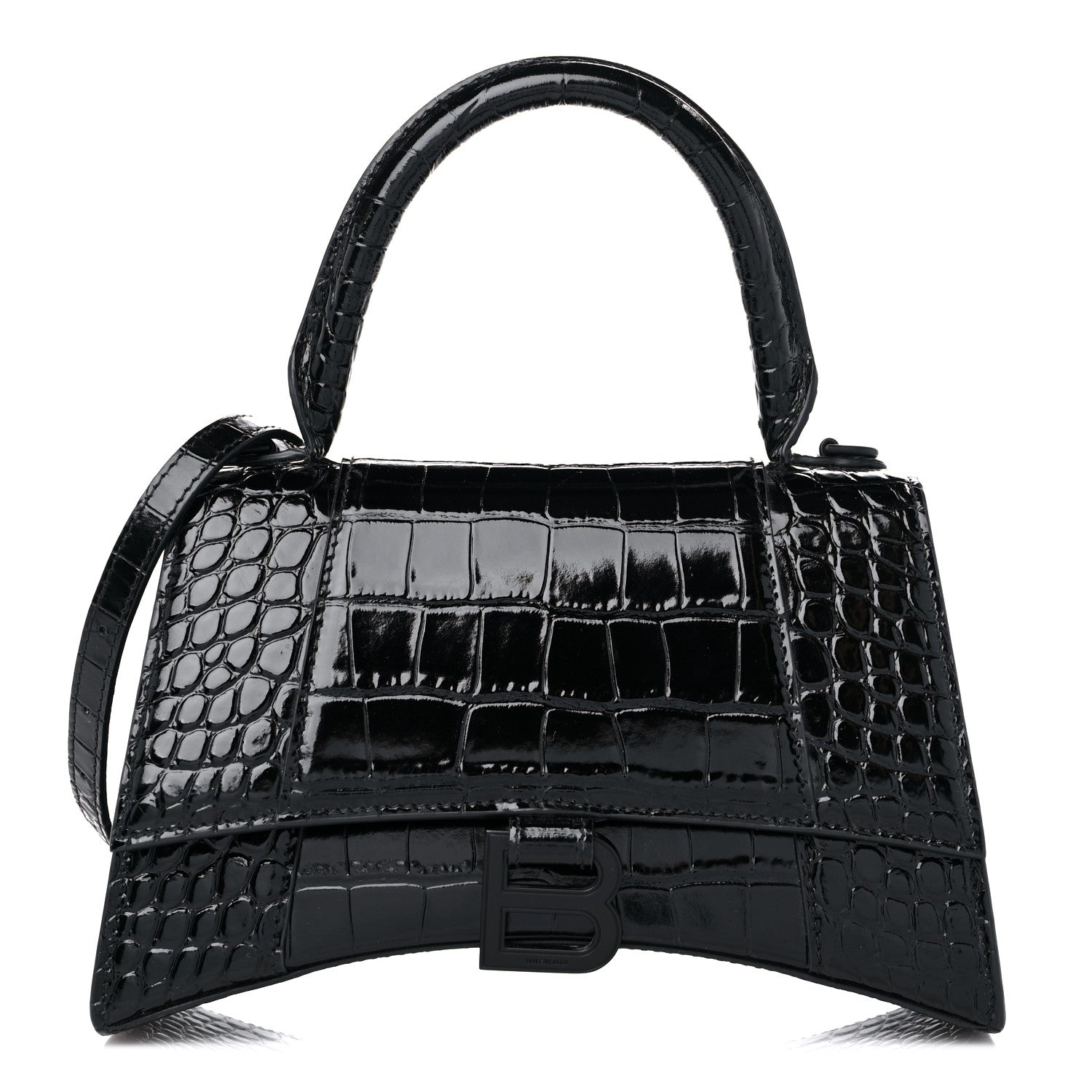 Balenciaga Shiny Calfskin Monochrome Crocodile Embossed Small Hourglass Top Handle Bag Black 1 of 13