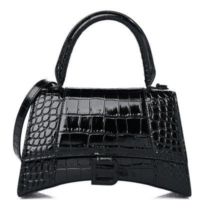 Balenciaga Shiny Calfskin Monochrome Crocodile Embossed Small Hourglass Top Handle Bag Black 1 of 13