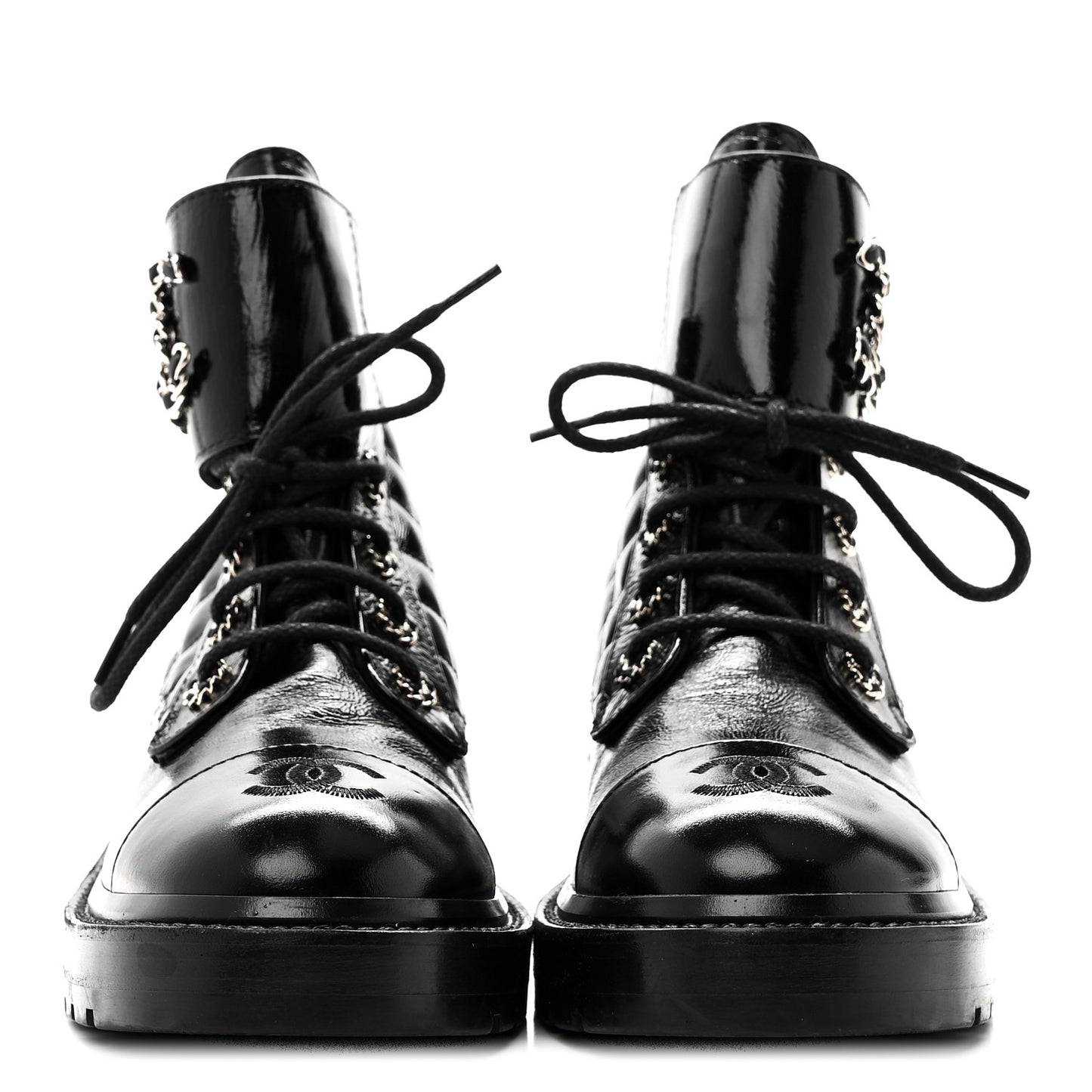 Shiny Lambskin Quilted Lace Up Combat Boots 38.5 Black