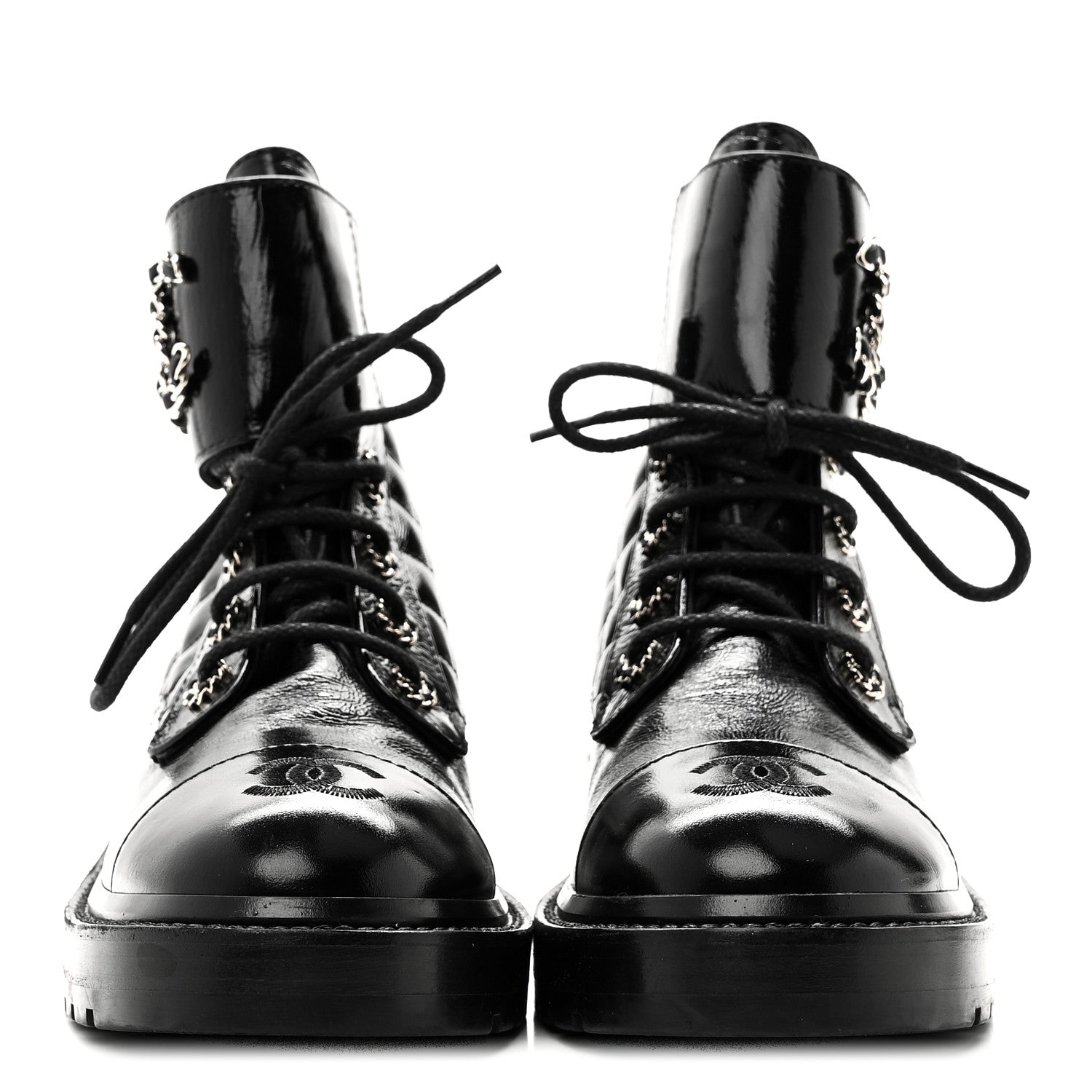 Chanel Shiny Lambskin Quilted Lace Up Combat Boots 38.5 Black 2 of 8