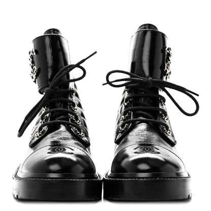 Chanel Shiny Lambskin Quilted Lace Up Combat Boots 38.5 Black 2 of 8