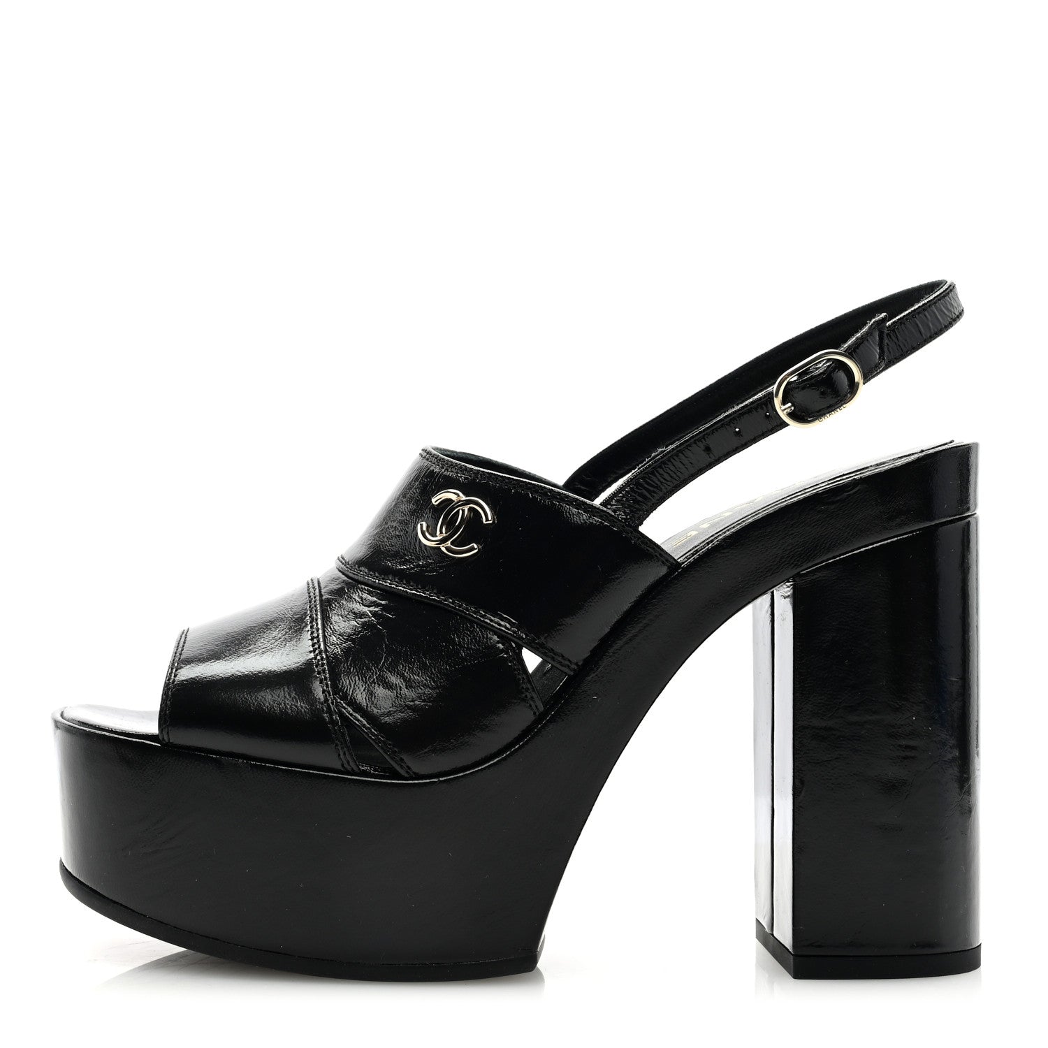 Chanel Crumpled Patent Lambskin Platform Sandals 39 Black 1 of 6