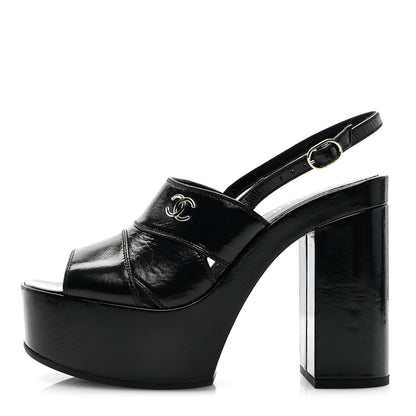 Chanel Crumpled Patent Lambskin Platform Sandals 39 Black 1 of 6