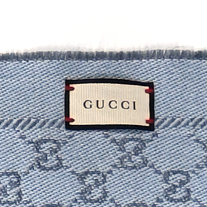 Gucci Wool GG Monogram Reversible New Sten Fringe Scarf Flannel Sky Blue 4 of 4