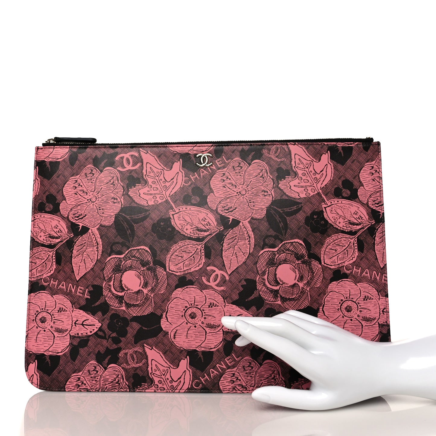 Coated Canvas Lambskin Quilted Large Camellia Cosmetic Case Pink Black