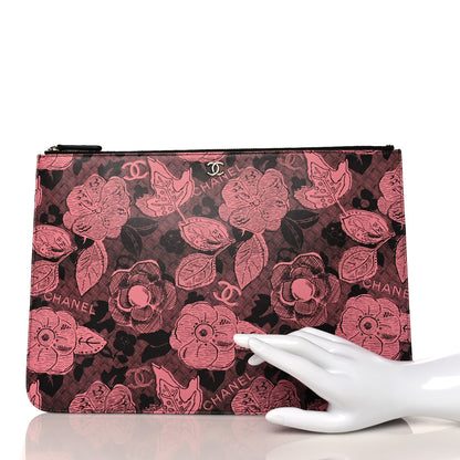 Chanel Coated Canvas Lambskin Quilted Large Camellia Cosmetic Case Pink Black 2 of 10