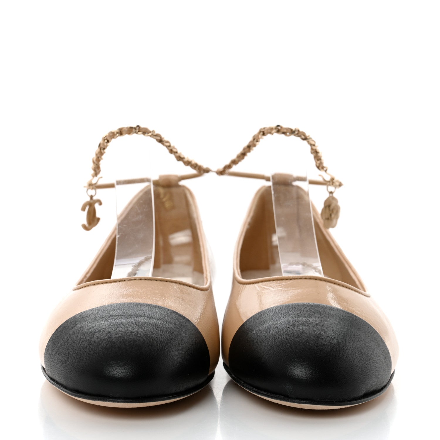 Chanel Lambskin Cap Toe Ankle Chain Ballerina Flats 41 Beige Black 2 of 9
