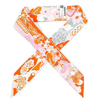 Hermes Silk Bingata Twilly Orange Rose Gris 1 of 4