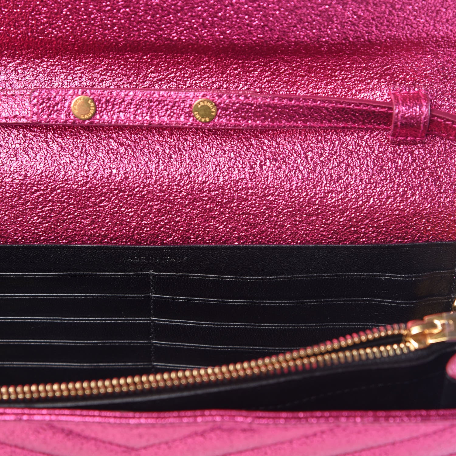 Saint Laurent Metallic Crackled Calfskin Matelasse Chevron Monogram Chain Wallet Fuchsia 10 of 11