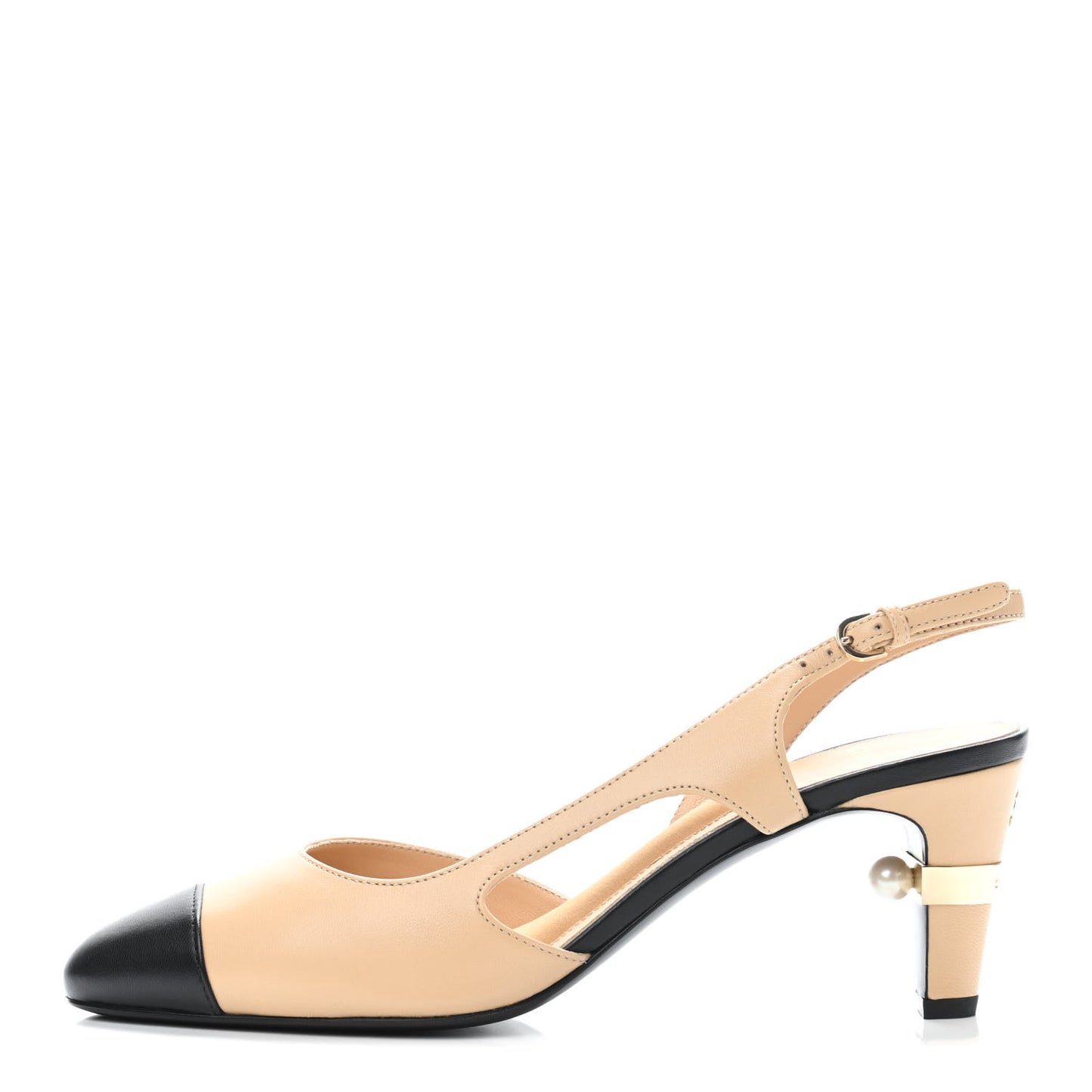 Lambskin Pearl Cap Toe CC Slingback Pumps 38 Beige Black