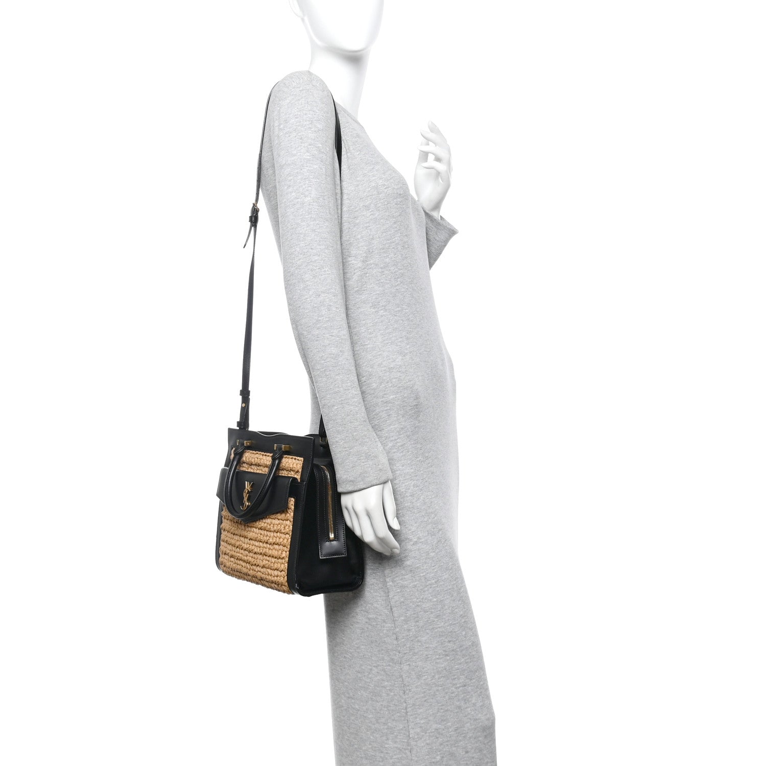Saint Laurent Raffia Calfskin Small Uptown Tote Black Natural 2 of 11