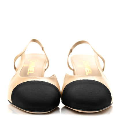 Chanel Goatskin Grosgrain Cap Toe CC Slingback Pumps 38 Beige Black 3 of 10