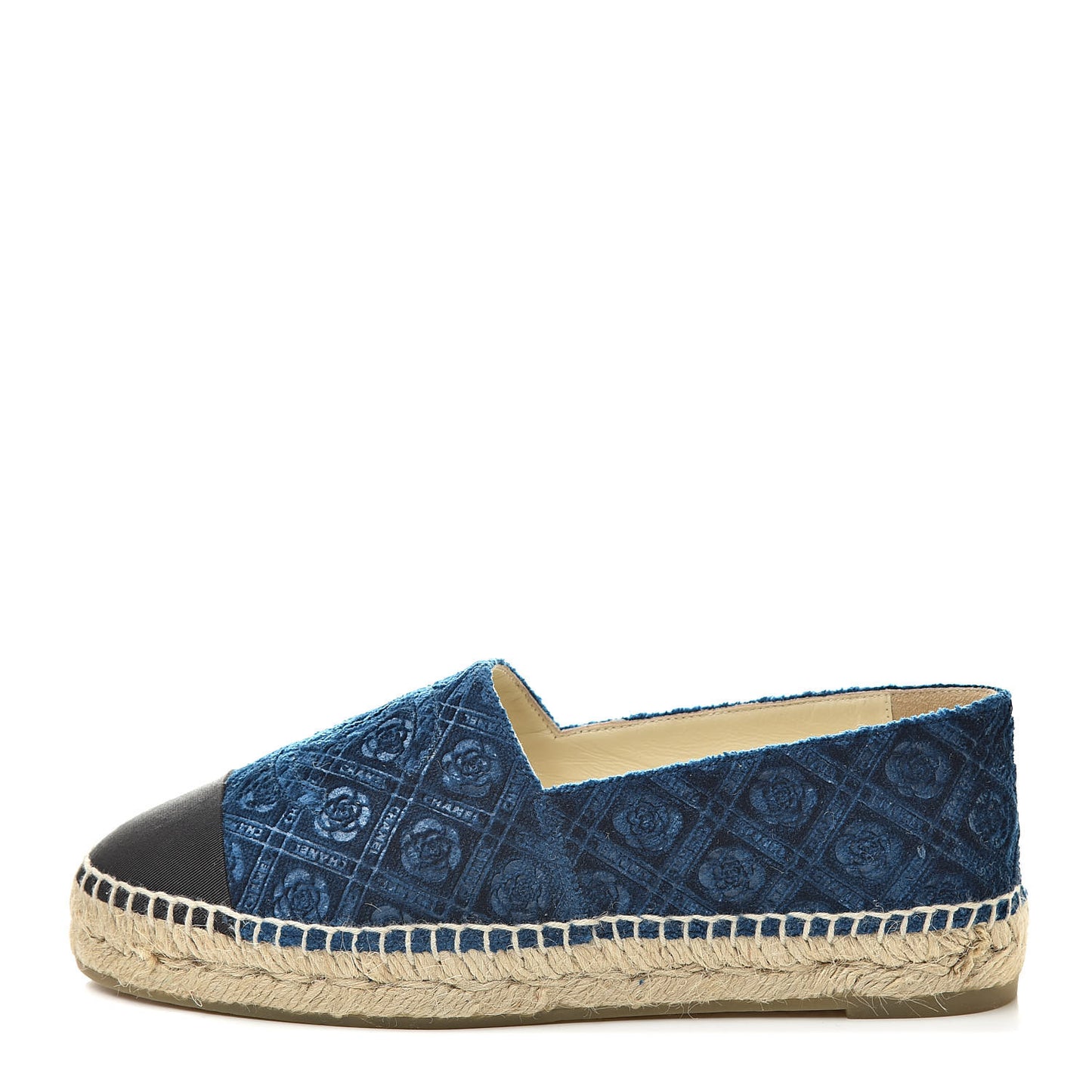 Velvet Grosgrain Quilted Camellia CC Espadrilles 37 Navy Black