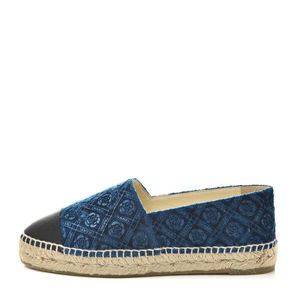 Chanel Velvet Grosgrain Quilted Camellia CC Espadrilles 37 Navy Black 1 of 10