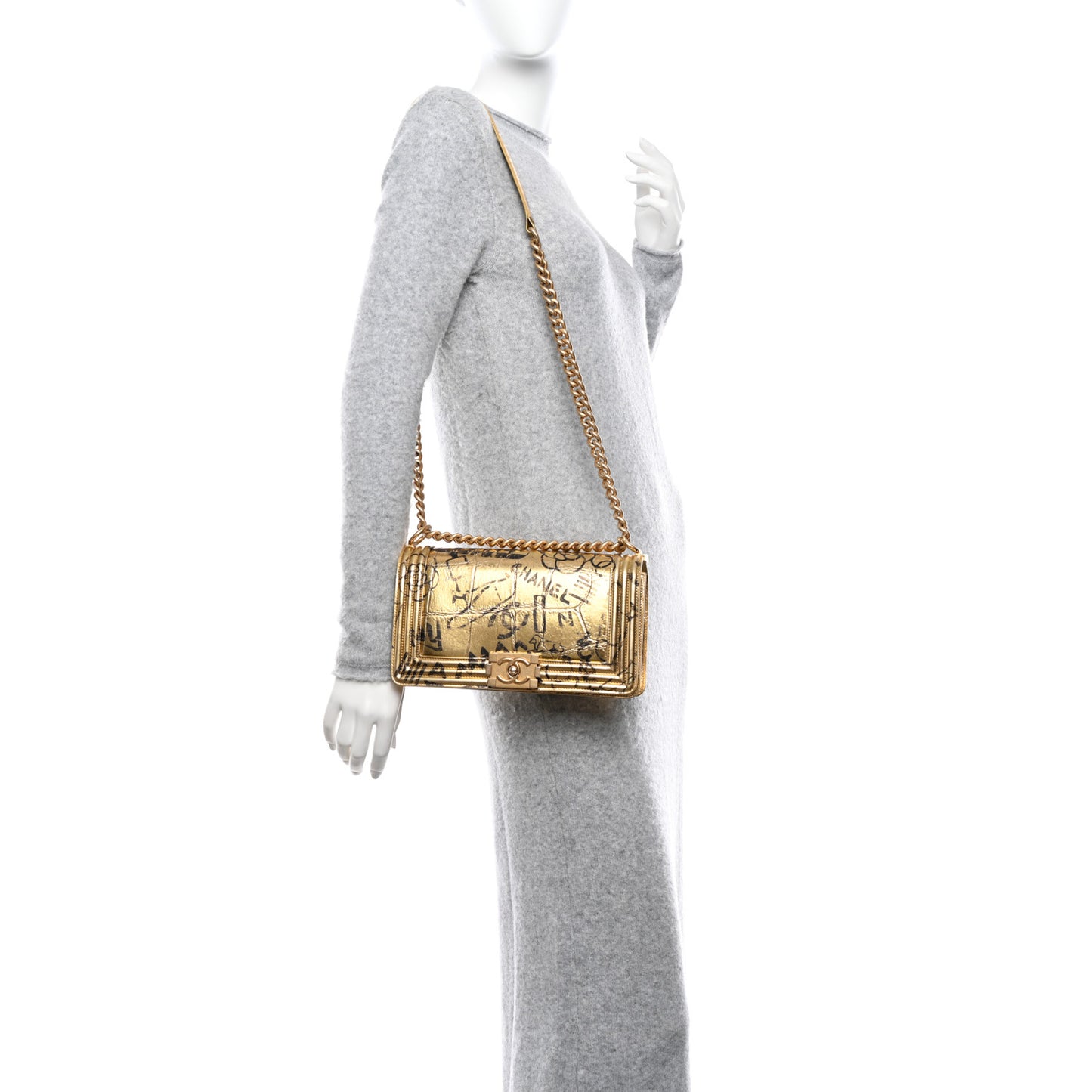 Metallic Calfskin Crocodile Embossed Graffiti Medium Cocodile Boy Flap Gold