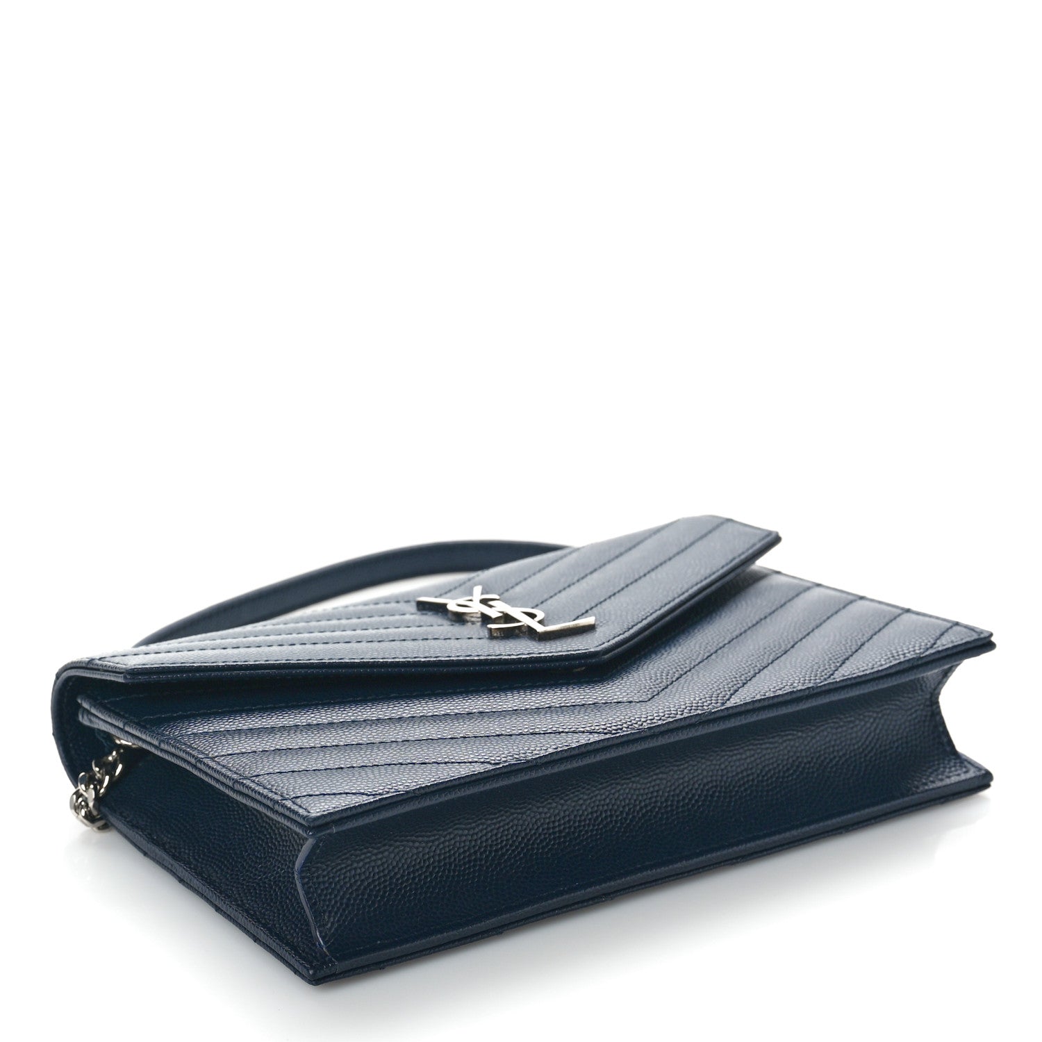 Saint Laurent Grain De Poudre Matelasse Chevron Monogram Envelope Chain Wallet Navy 3 of 9