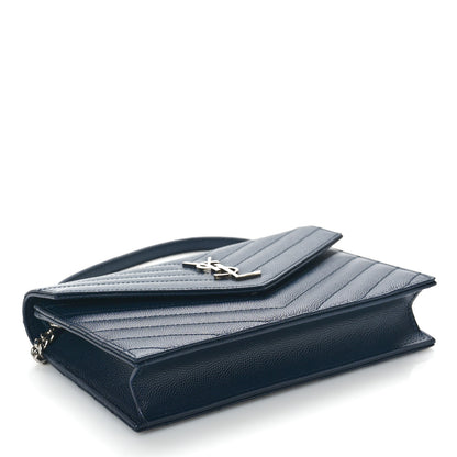 Saint Laurent Grain De Poudre Matelasse Chevron Monogram Envelope Chain Wallet Navy 3 of 9
