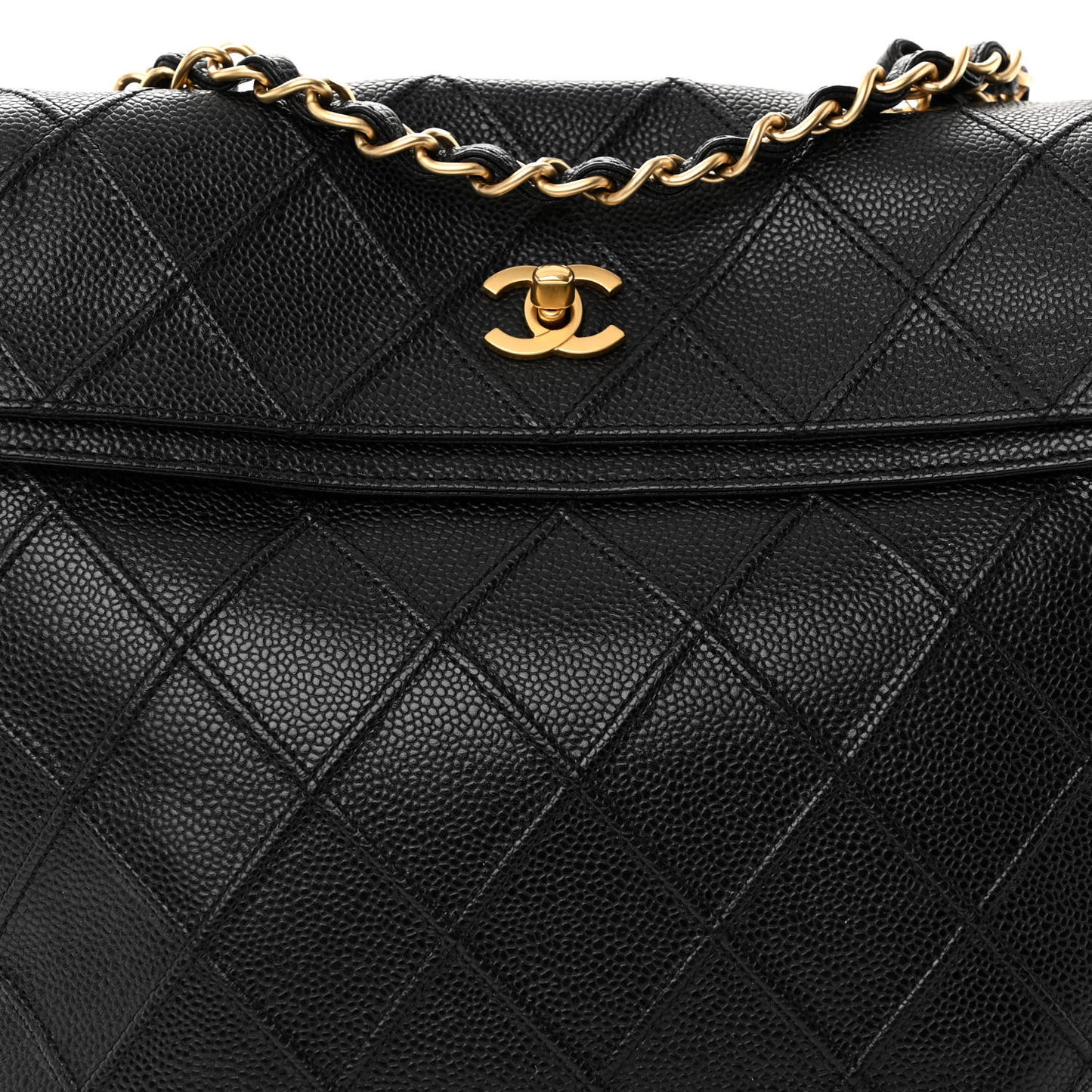 Caviar Stitched Fold Over Shoulder Bag Black