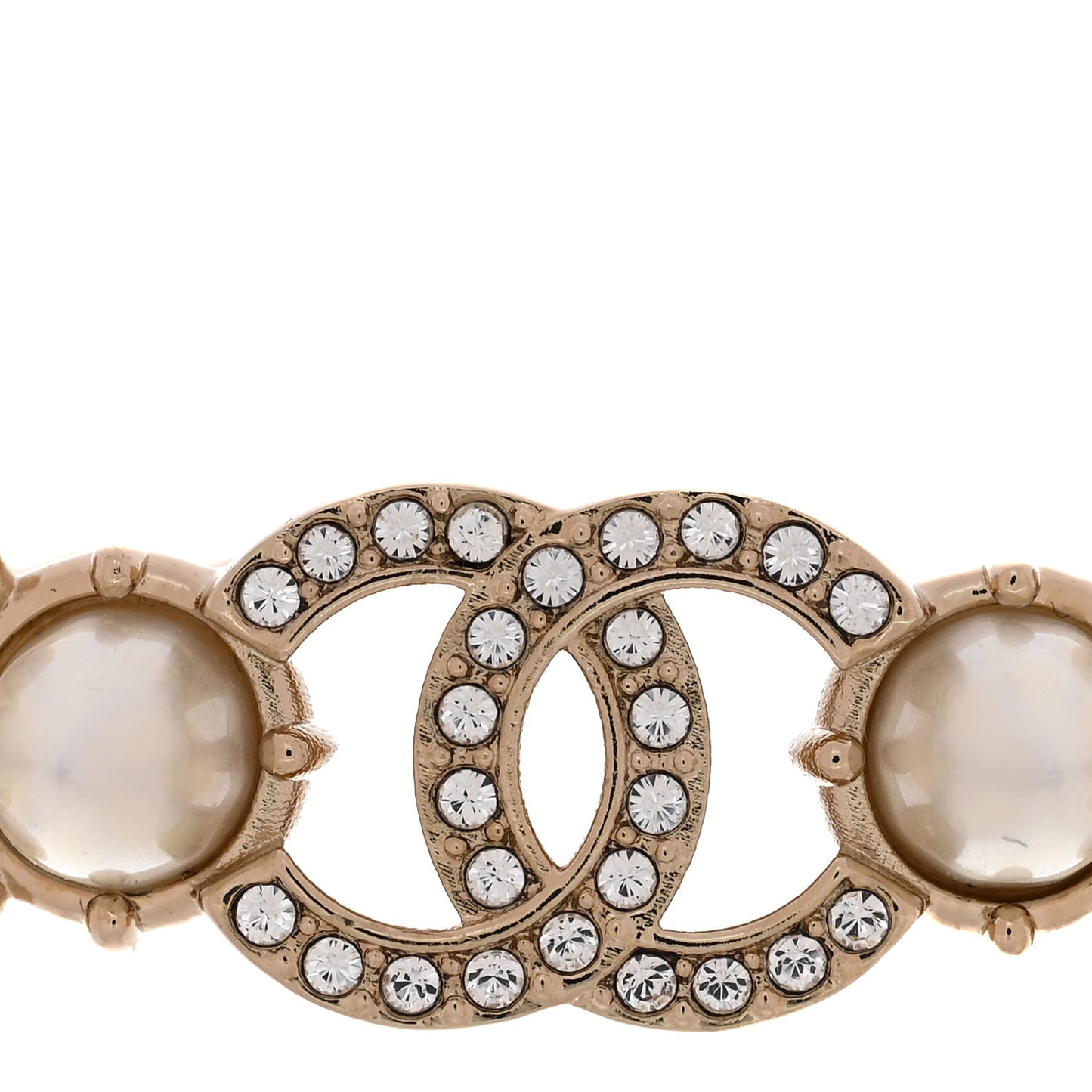 Strass Crystal Studded Pearl CC Choker Necklace Gold Pearly White