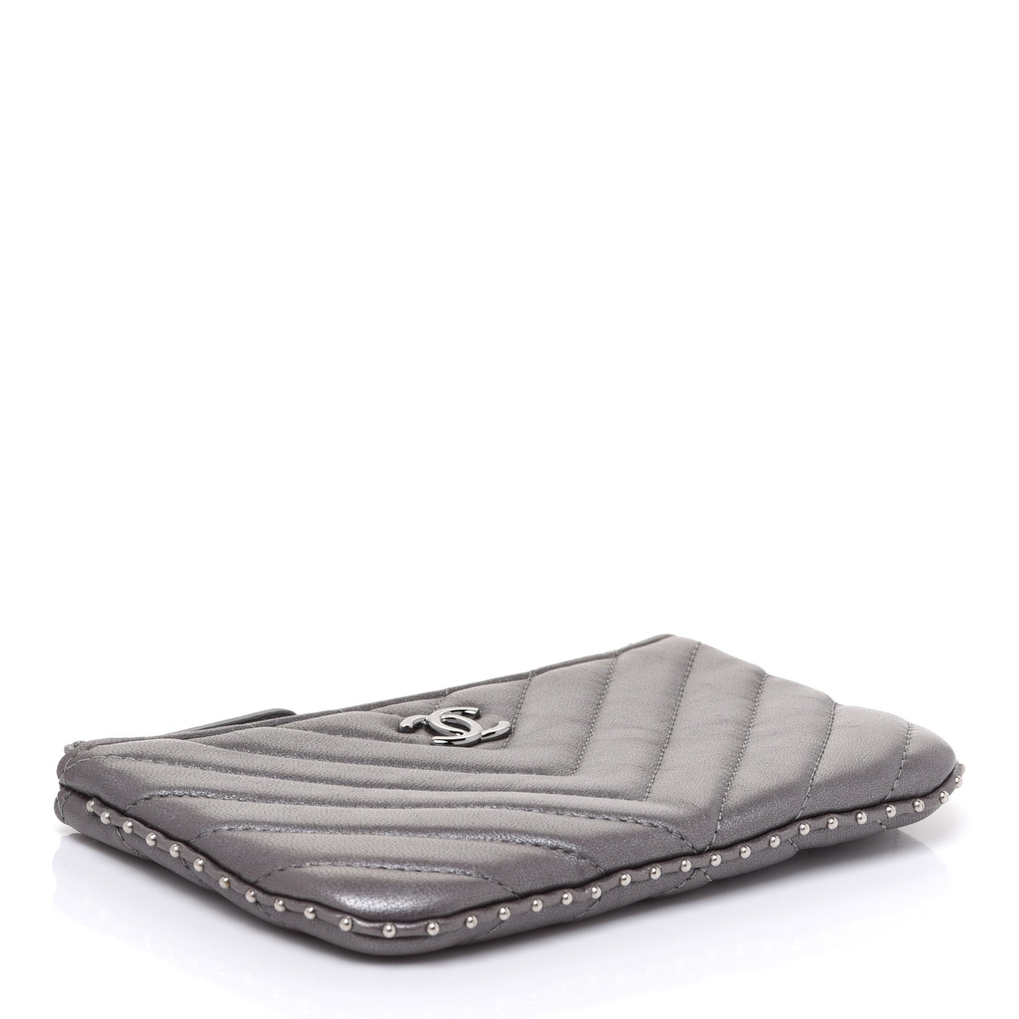 Lambskin Chevron Quilted Studded Small Cosmetic Case Grey