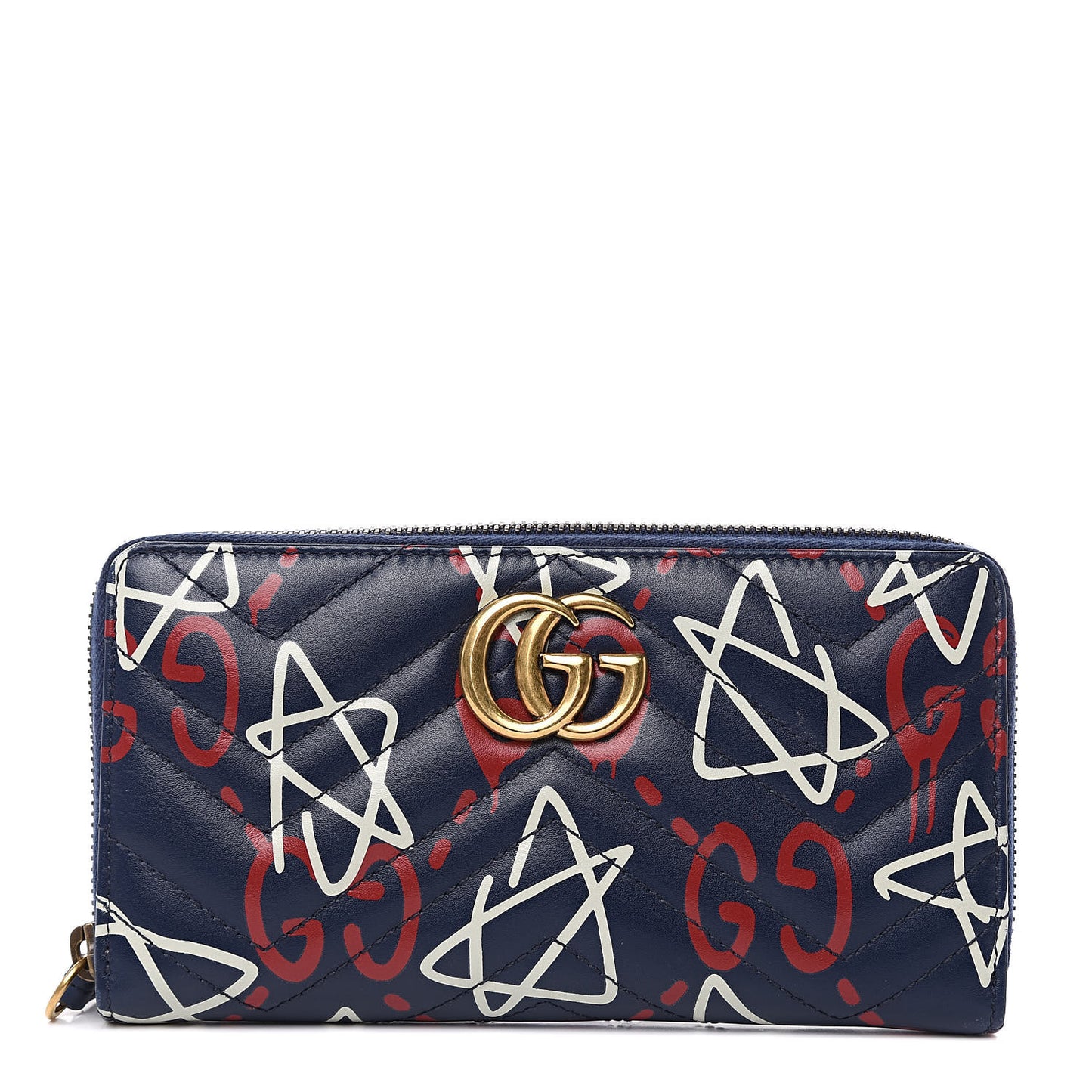 Calfskin Matelasse GucciGhost GG Marmont Zip Around Wallet Blue Agata Hibiscus Red