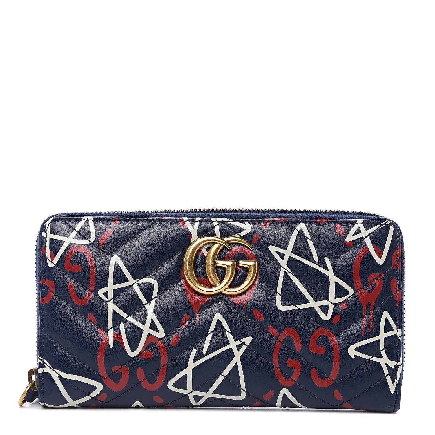 Gucci Calfskin Matelasse GucciGhost GG Marmont Zip Around Wallet Blue Agata Hibiscus Red 1 of 11