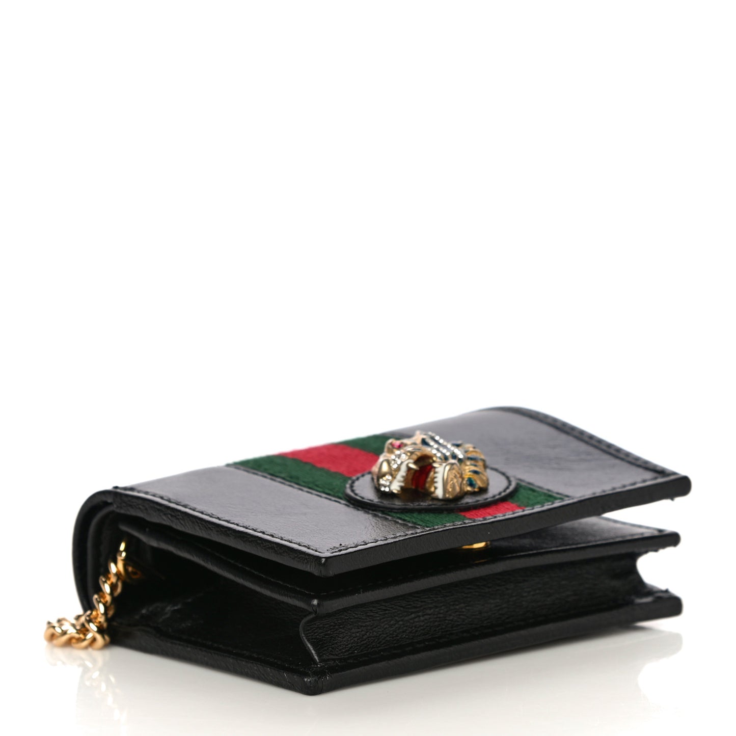 Calfskin Web Rajah Chain Card Case Wallet Black