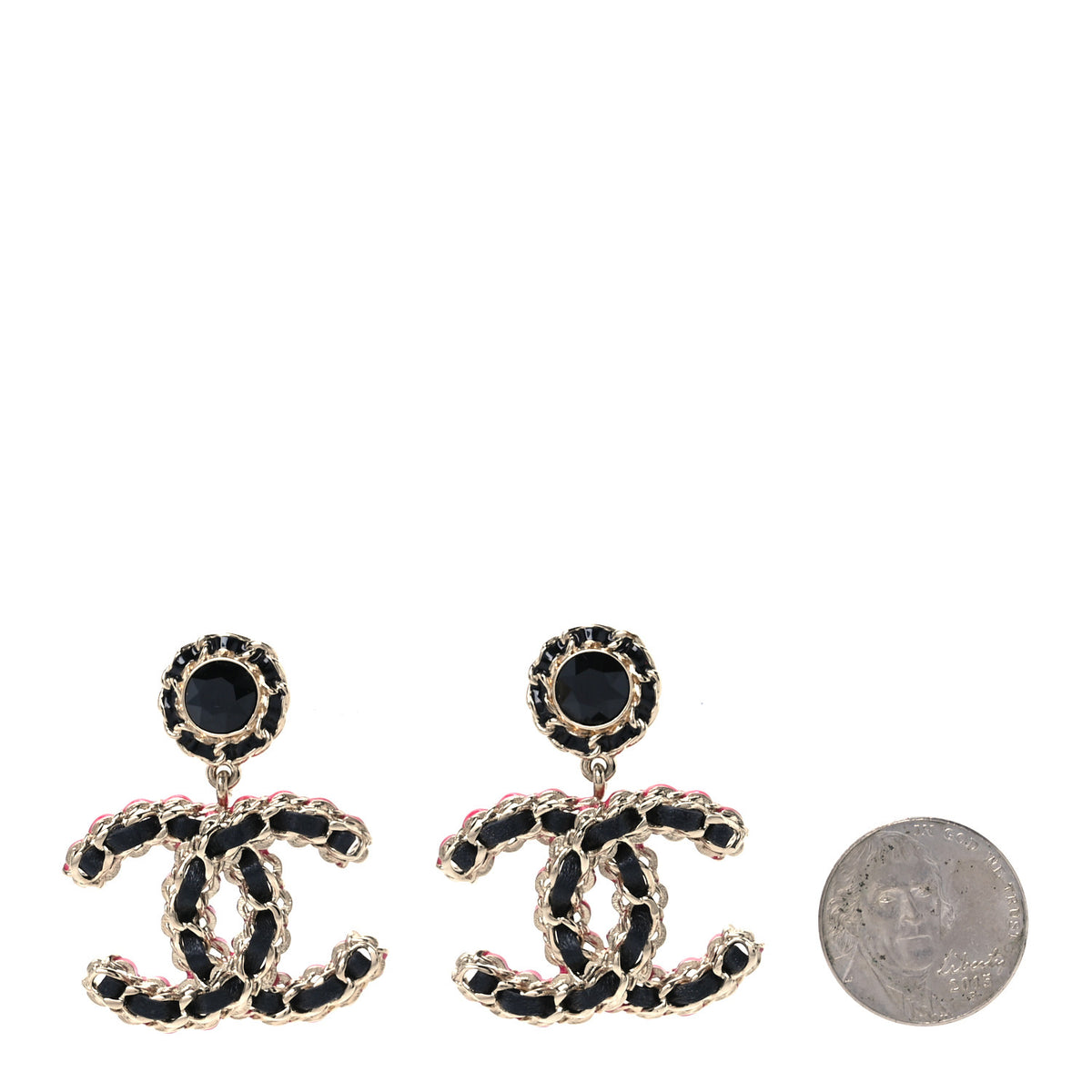 Metal Lambskin CC Chain Drop Earrings Black Gold Pink