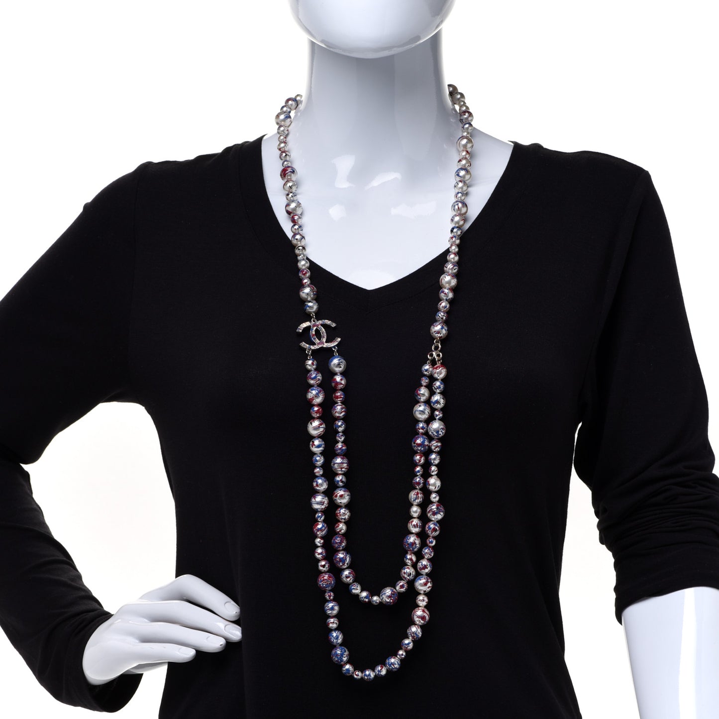 Pearl CC Graffiti Long Necklace Red White Blue Gold