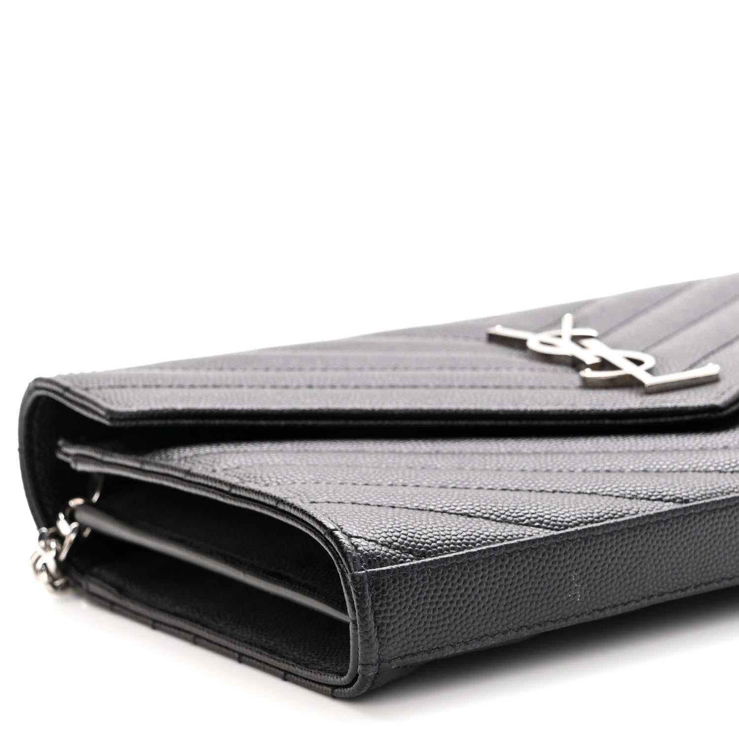 Saint Laurent Grain De Poudre Matelasse Chevron Monogram Chain Wallet Black 8 of 9