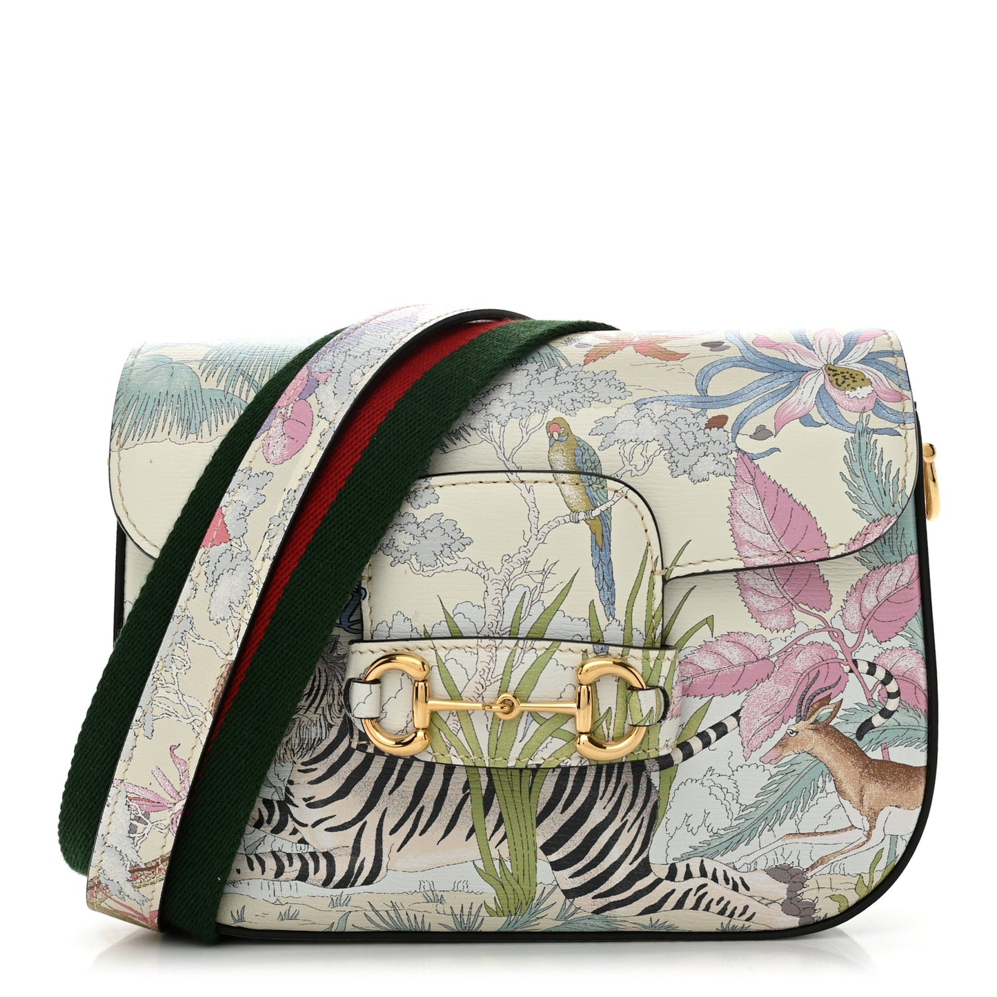 New Shangai Calfskin Tiger Savanah Web Mini Horsebit 1955 Shoulder Bag Chalky White Multicolor