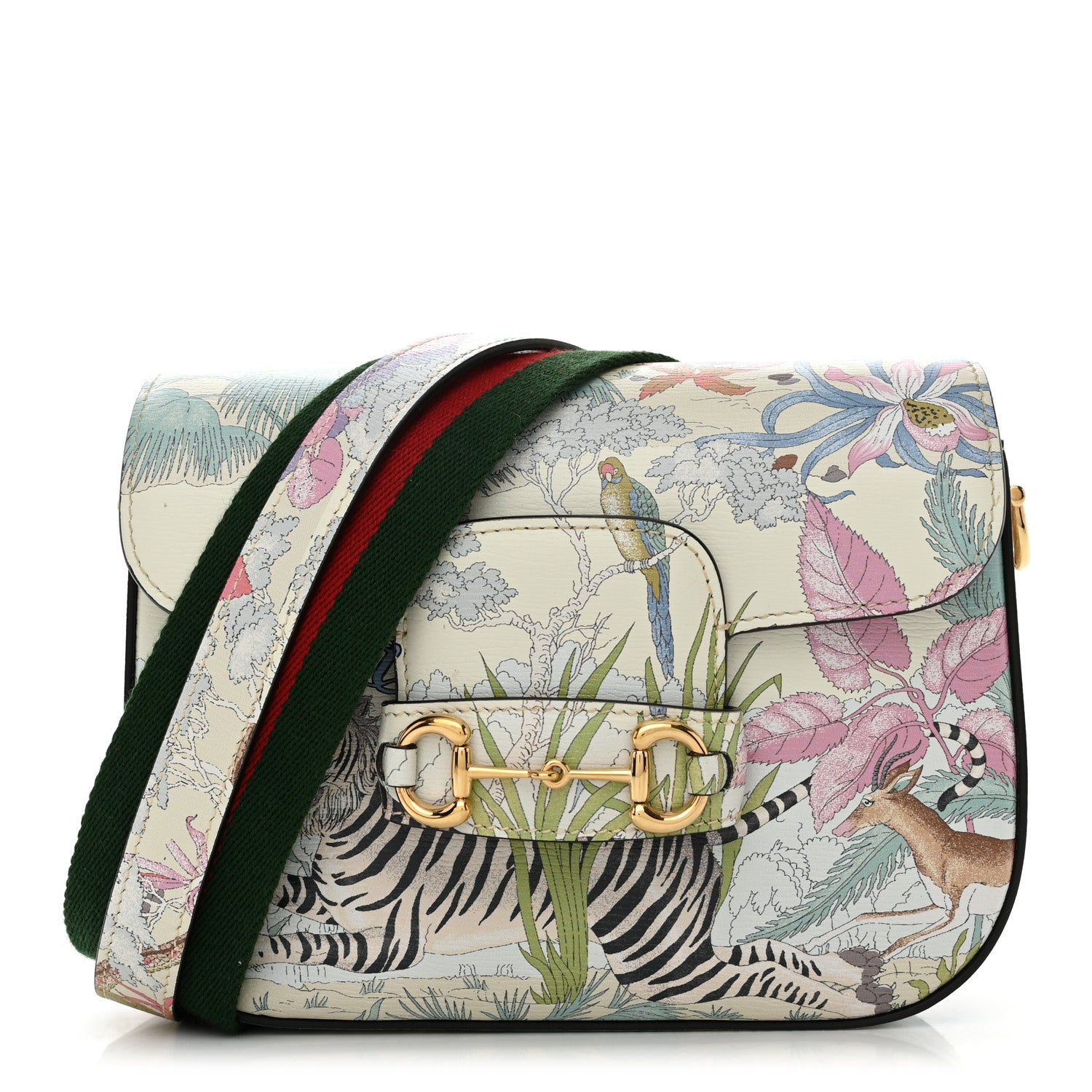 Gucci New Shangai Calfskin Tiger Savanah Web Mini Horsebit 1955 Shoulder Bag Chalky White Multicolor 1 of 10