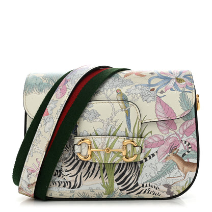 Gucci New Shangai Calfskin Tiger Savanah Web Mini Horsebit 1955 Shoulder Bag Chalky White Multicolor 1 of 10