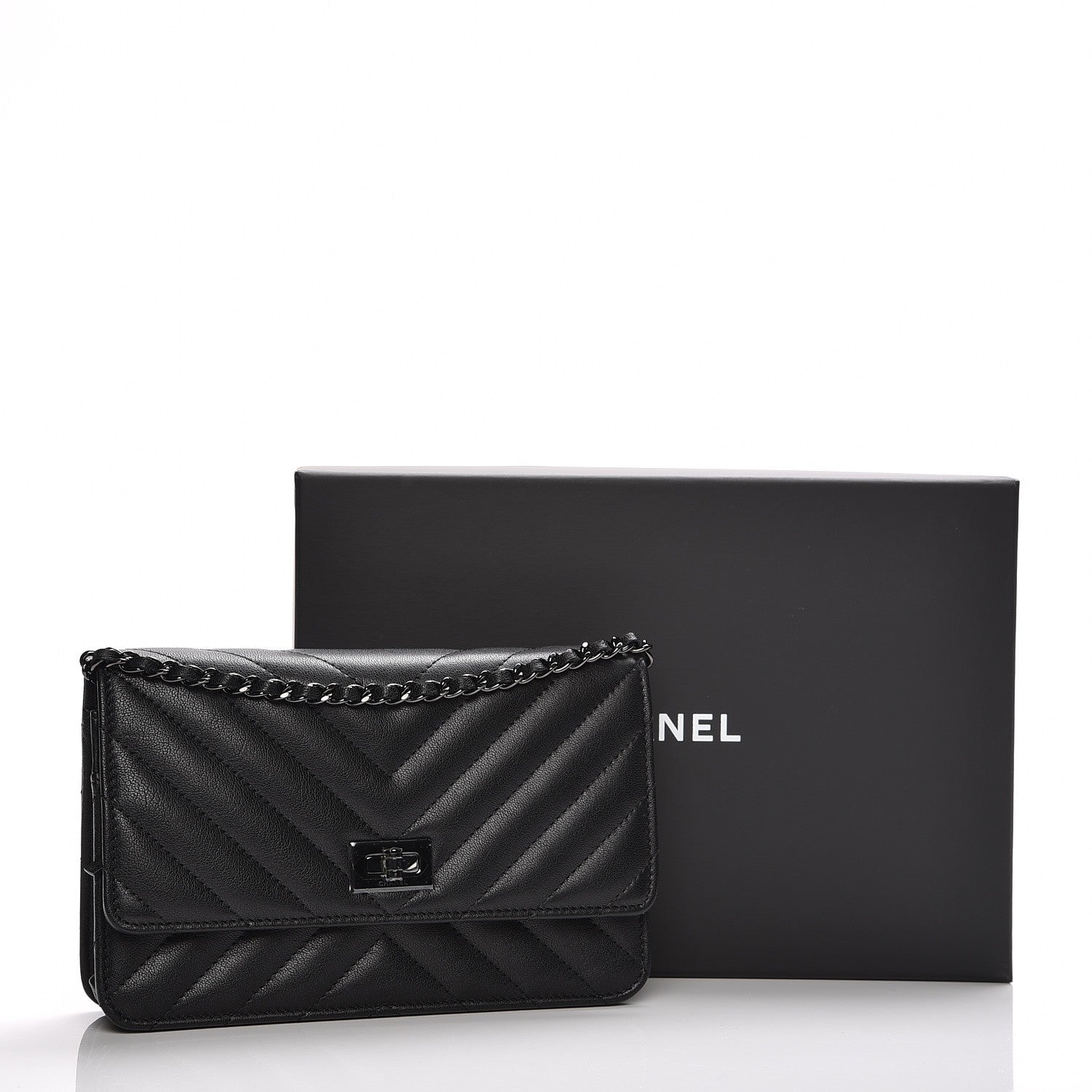 Chanel Sheepskin Chevron Reissue Wallet On Chain WOC So Black 9 of 9