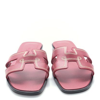 Hermes Calfskin Embroidered Oran Sandals 37 Rouge Feu 2 of 8