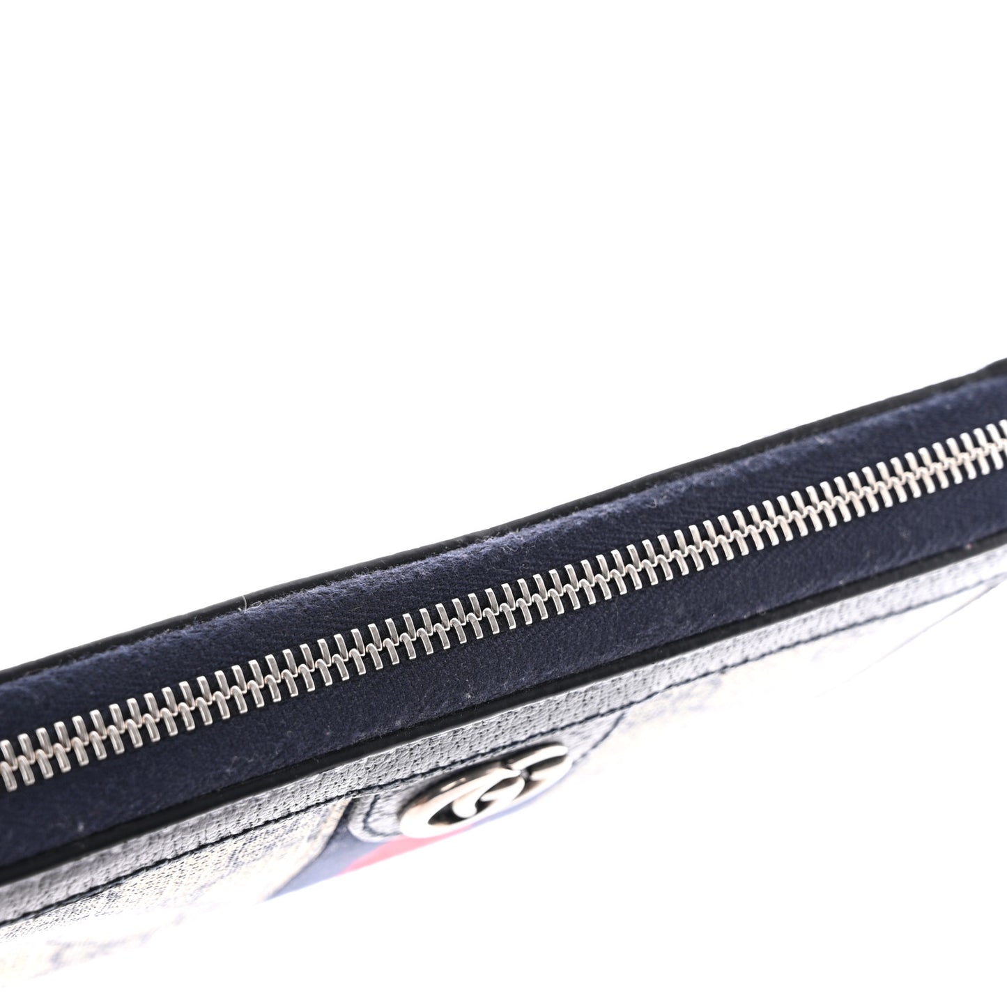 GG Supreme Monogram Textured Dollar Calfskin Web Ophidia Zip Around Wallet Beige Blue