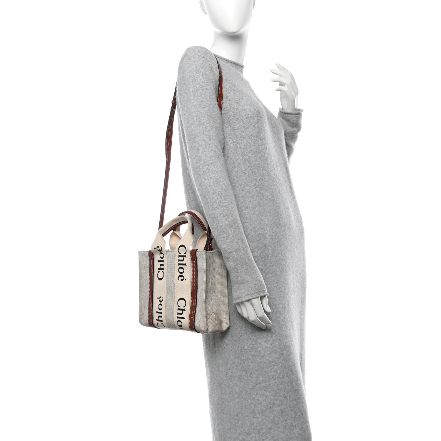 Chloe Cotton Calfskin Small Woody Ribbon Tote With Strap White Brown 2 of 11
