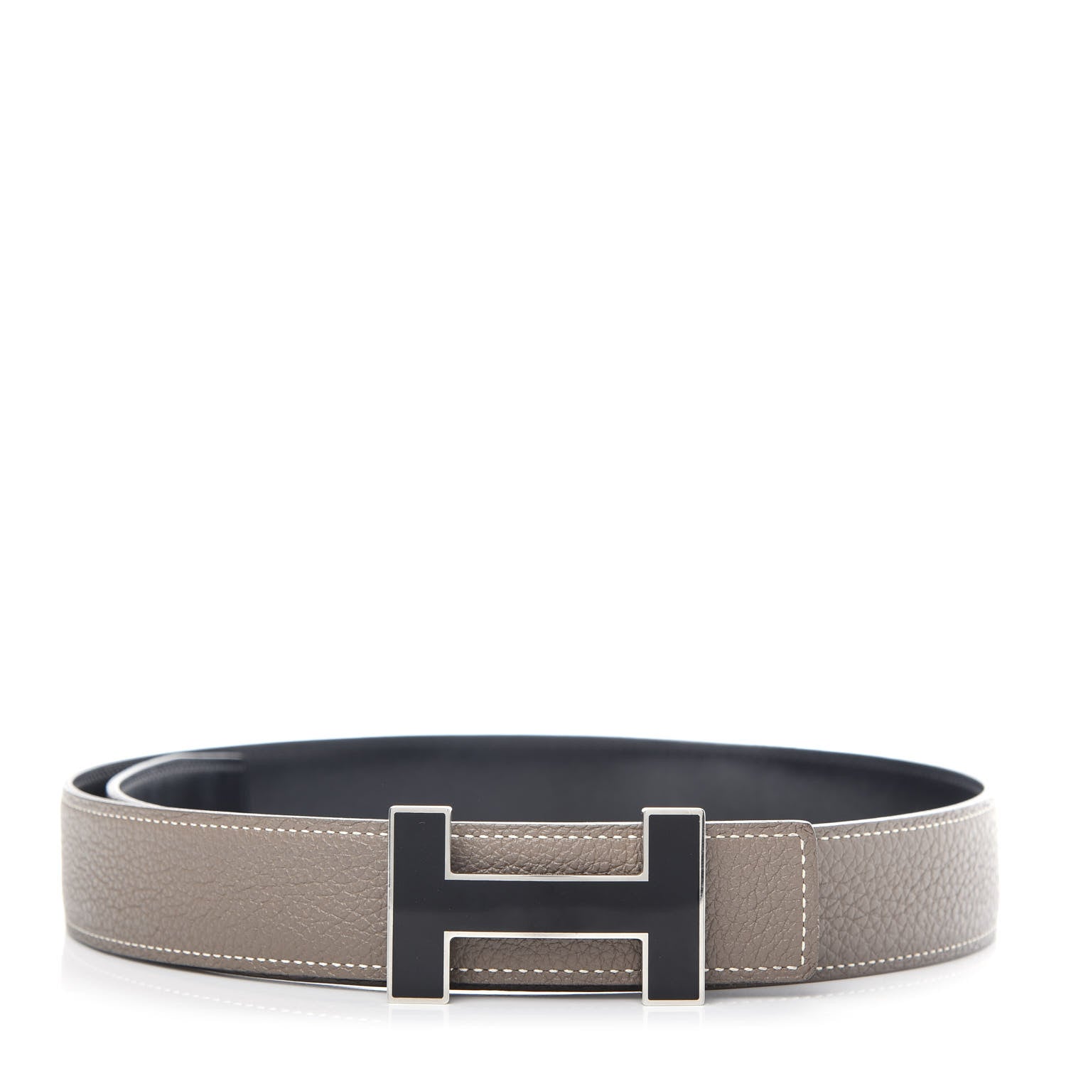 Hermes Togo Box 32mm Enamel Quizz H Belt 80 Black Etoupe 1 of 8