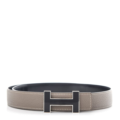 Hermes Togo Box 32mm Enamel Quizz H Belt 80 Black Etoupe 1 of 8