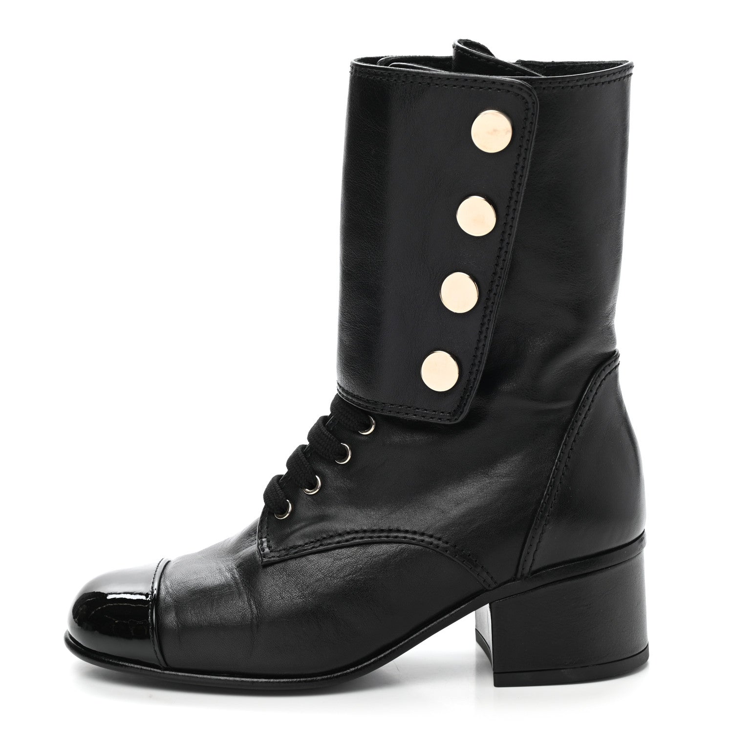 Chanel Calfskin Patent Cap Toe CC Lace Up Boots 35 Black 1 of 9
