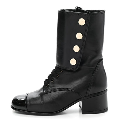 Chanel Calfskin Patent Cap Toe CC Lace Up Boots 35 Black 1 of 9