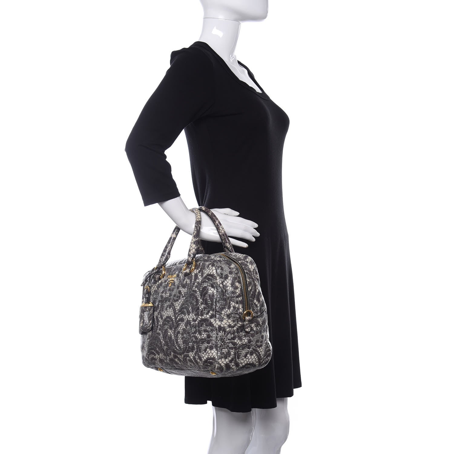 Prada Cervo Lux Print Lace Bauletto Bag Talco 2 of 11