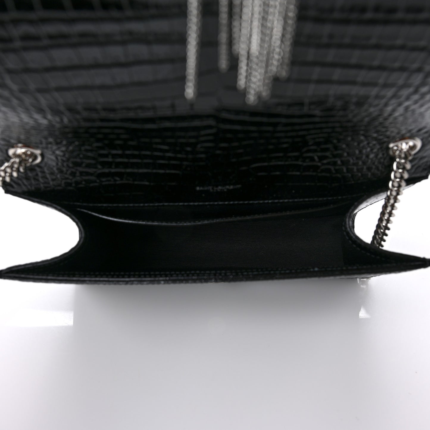 Calfskin Crocodile Embossed Medium Classic Monogram Kate Tassel Satchel Black
