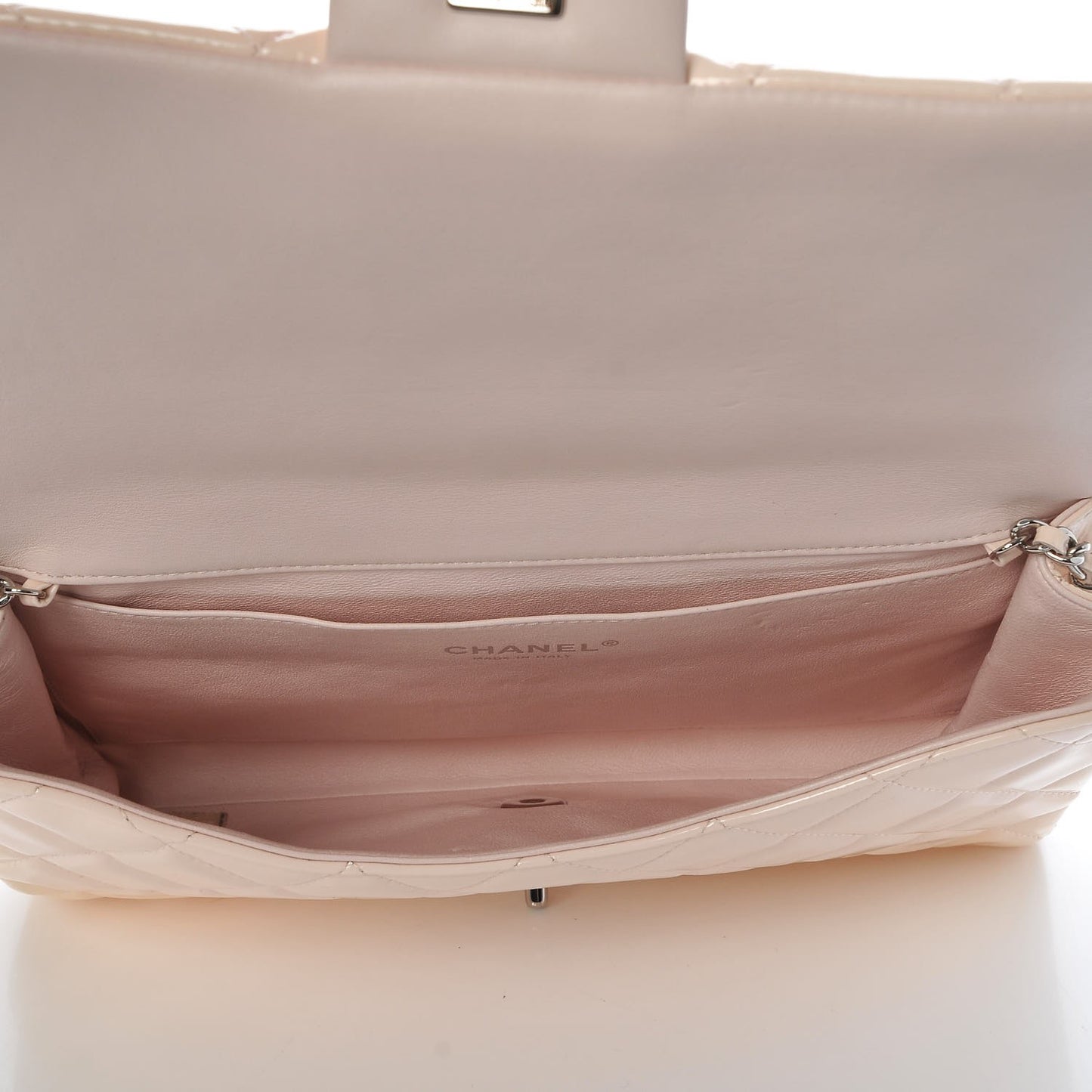 Patent Quilted Clutch with Chain Flap Beige