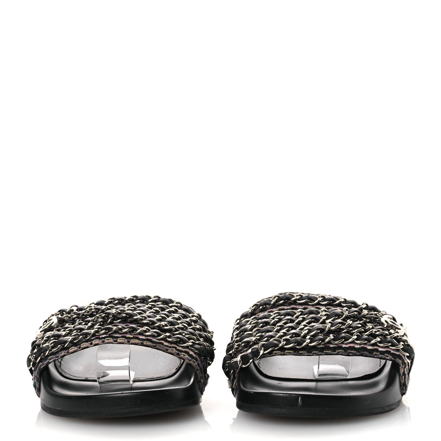 Tweed Lambskin Chain Flat Sandals 36 Black Multicolor