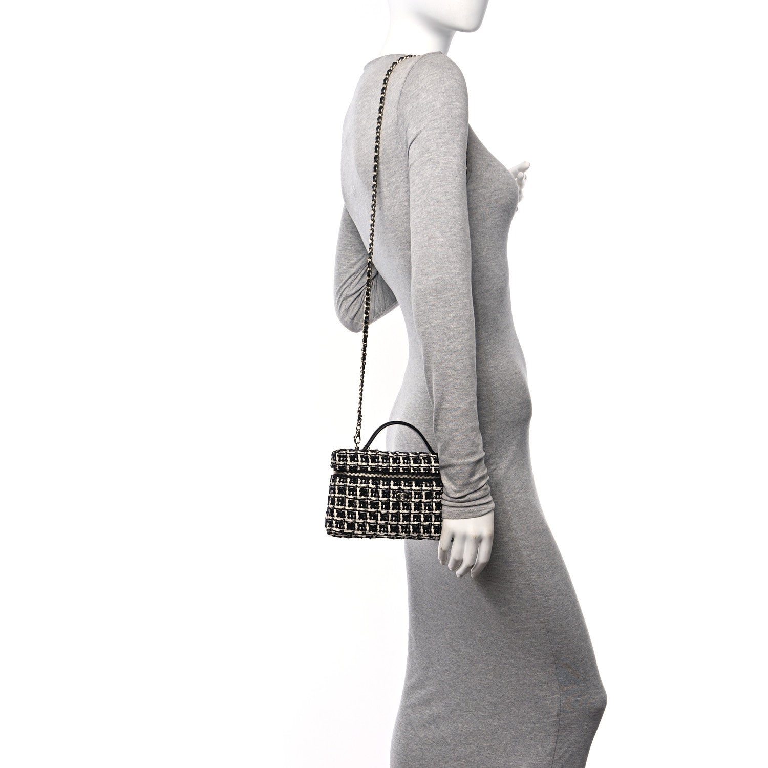 Chanel Tweed Quilted Top Handle Slim Long Vanity Black Ecru White 2 of 10