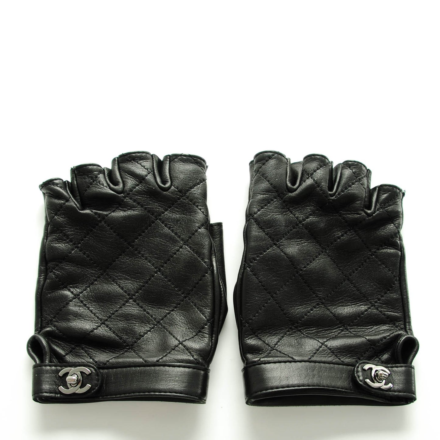 Lambskin Quilted Fingerless CC Turn Lock Gloves 8 Black