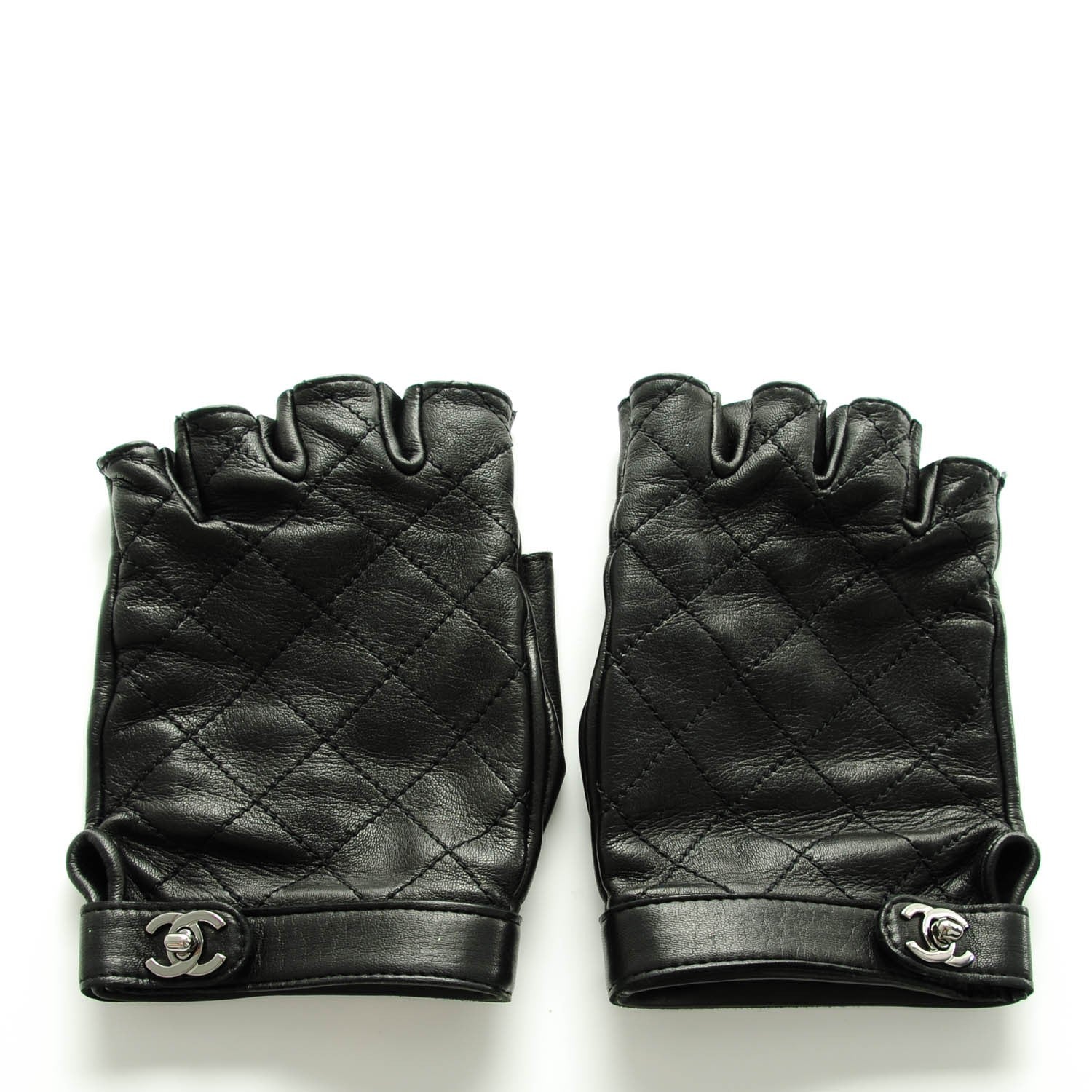 Chanel Lambskin Quilted Fingerless CC Turn Lock Gloves 8 Black 1 of 7