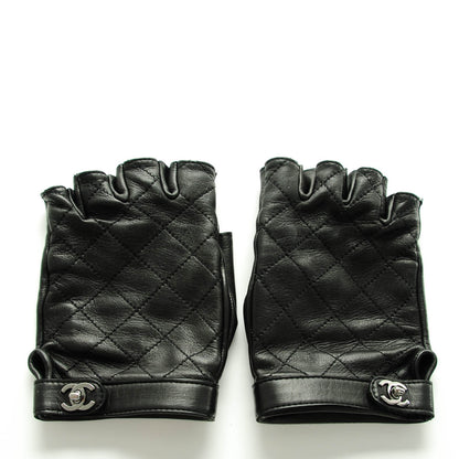 Chanel Lambskin Quilted Fingerless CC Turn Lock Gloves 8 Black 1 of 7
