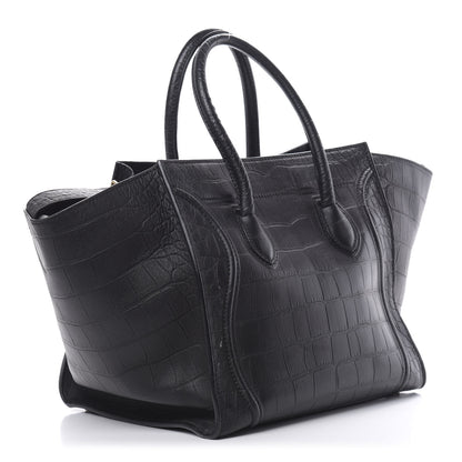 Celine Crocodile Embossed Calfskin Medium Phantom Luggage Black 4 of 16